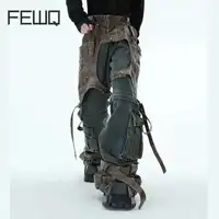 FEWQ Deconstruction Men's Jeans Detachable Splicing Design Casual Pants 2025 patchwork Pu leather wide leg trousers 1