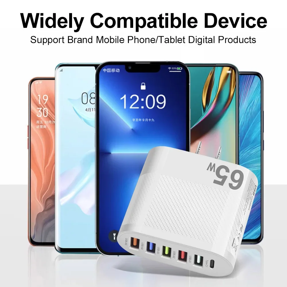 Charger Adapter Battery Charger Power Supply Adapter Fast Charger Battery Charger Adapter 65W 5 USB Type-C Fast Charging Charger For iPhone Xiaomi Samsung Huawei Google Quick Charge Phone Power Adapter Chargers