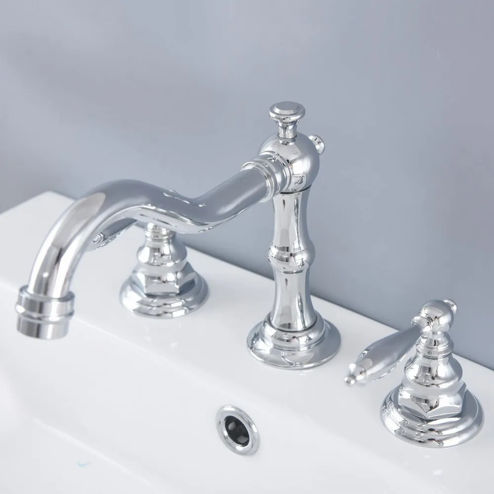 

Polished Chrome Brass Deck Mounted Dual Handles Widespread Bathroom 3 Holes Basin Faucet Mixer Water Taps tnf975