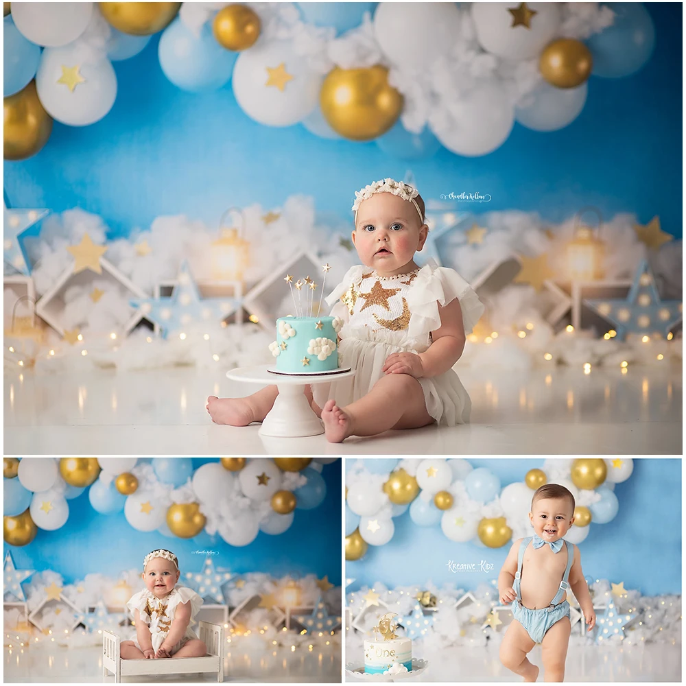 

Place in the Clouds Photo Background Kids Birthday Cake Smash Photography Backdrop Blue and Gold Balloon Photo Studio Props