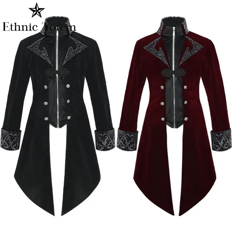 

Adult Vintage Medieval Victorian Jacket Embroidery Zip Up Stand Collar Coat Steampunk Men's Tuxedo Uniform Party Trench Coat