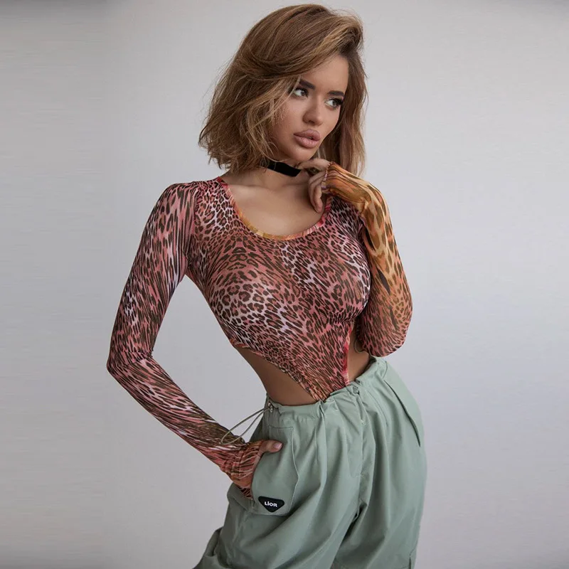 BKLD Clothes For Women Mesh Perspective Sexy Leopard Print One Pieces Long Sleeve High Waist Y2k Streetwear Top Female Bodysuits