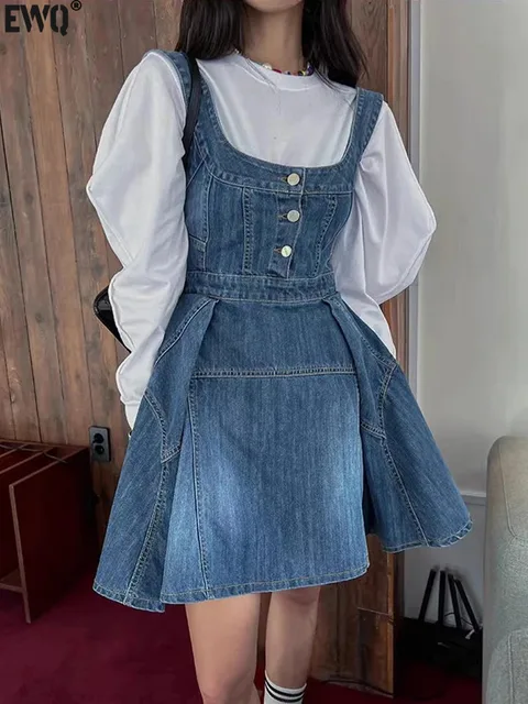 [EWQ] Korean Style U-neck pullover Patchwork Denim Dress Vintage Fashion Strap Umbrella Dresses Women 2024 Spring Summer 16U7966 1