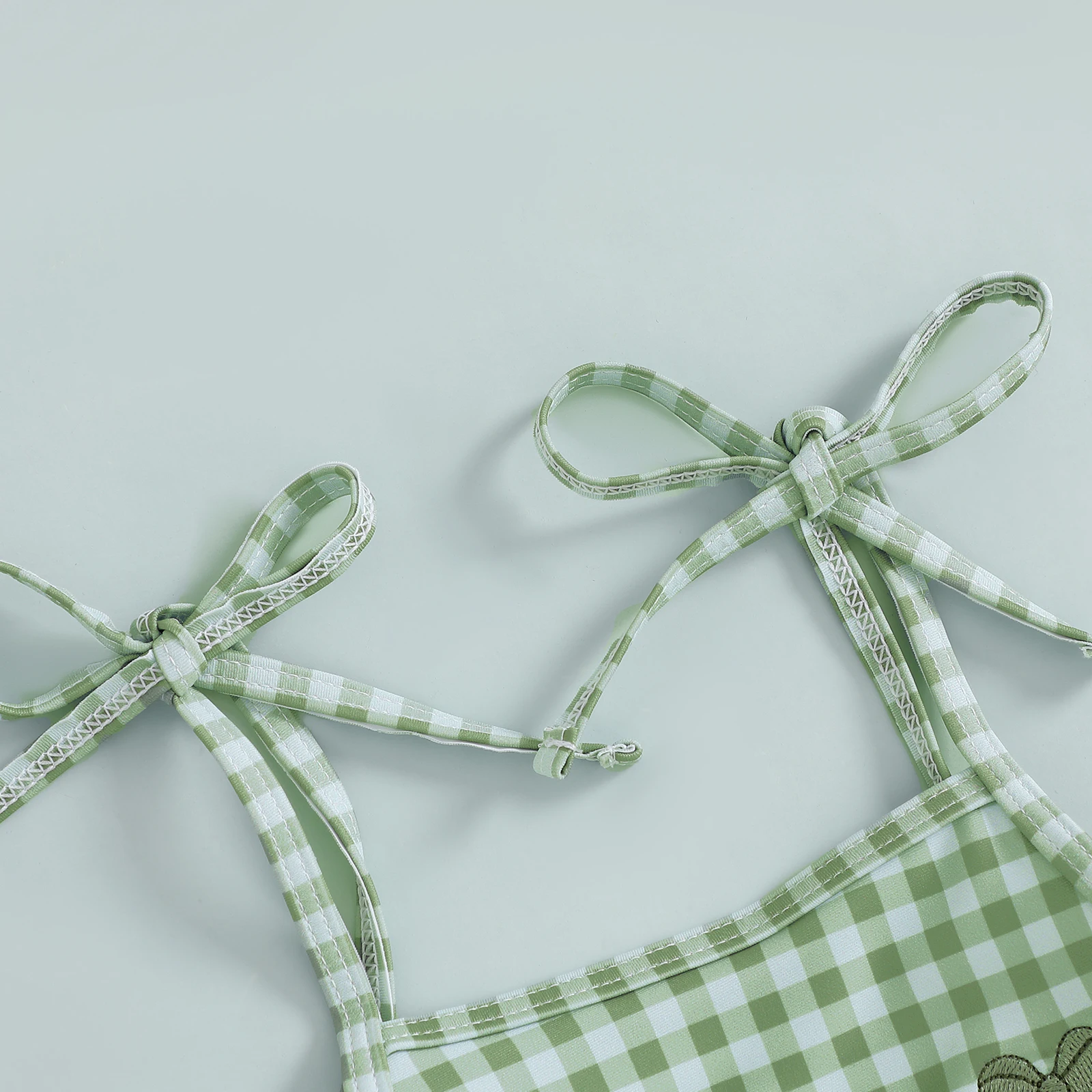 Baby Girl Swimsuit Spaghetti Straps Tie-up Embroidery Bow Plaid Children Swimwear