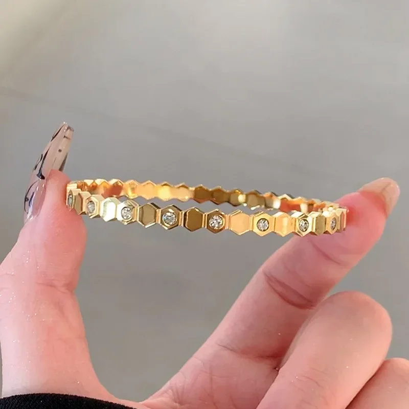 Titanium Steel Gold Silver Color Bangles for Women Girls Trend Waterproof Jewelry Luxury Sparkling Zircon Bracelet Bangle 5