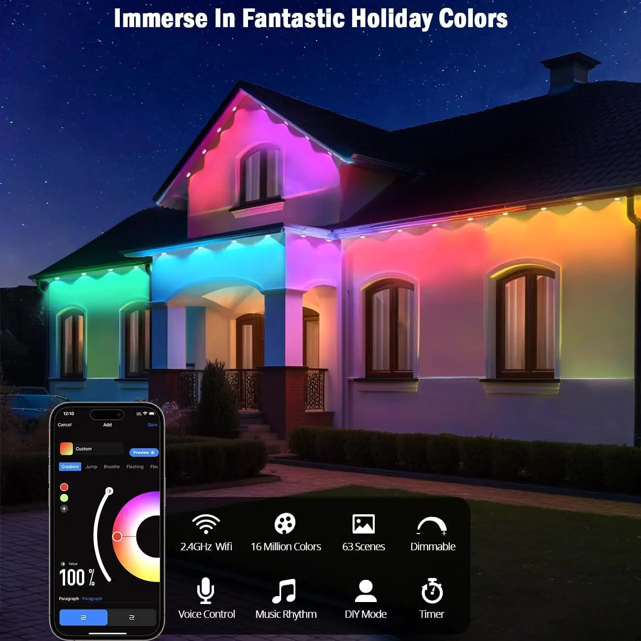 RGBIC Permanent Outdoor Eaves LED Lights String Waterproof Decorative Light Strip RGB WIFI Bluetooth Voice Control For Home Deco
