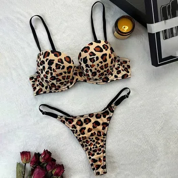 Sexy Leopard Print Bra And Panties Set Comfortable Push Up Lingerie Set