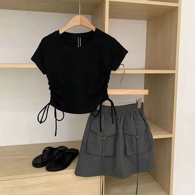 

WM51103 Summer new black top + gray shorts cute and fashionable children's clothing infant girls clothing set