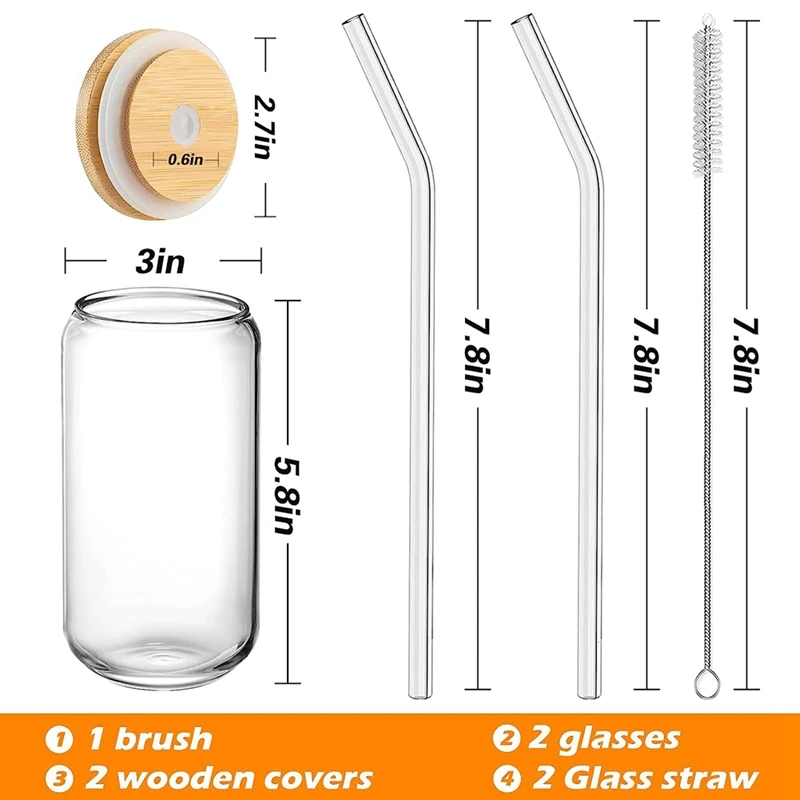 Drinking Glasses with Bamboo Lids and Glass Straw 2pcs Set - 16oz