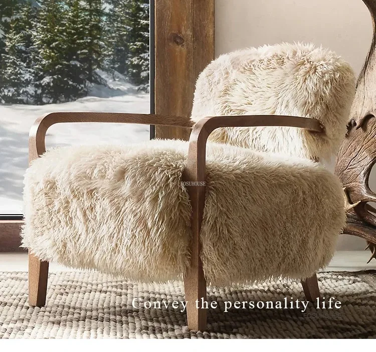 Nordic Fabric Living Room Chairs Home Bedroom Back Armchair Light Luxury Creative Living Room Wooden Lounge Chairs with Pedal