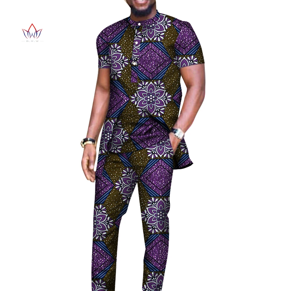 Bazin Riche Men 2 Pieces Pants Sets African Design Clothing African Clothes Casual Men Long Top Shirts and Pants Sets WYN514