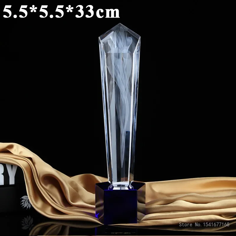 Customized Crystal Trophy with Engraving Flame, Creative Lettering, Excellent Staff, annual Meeting Award, Decor, Blue Base, 1Pc