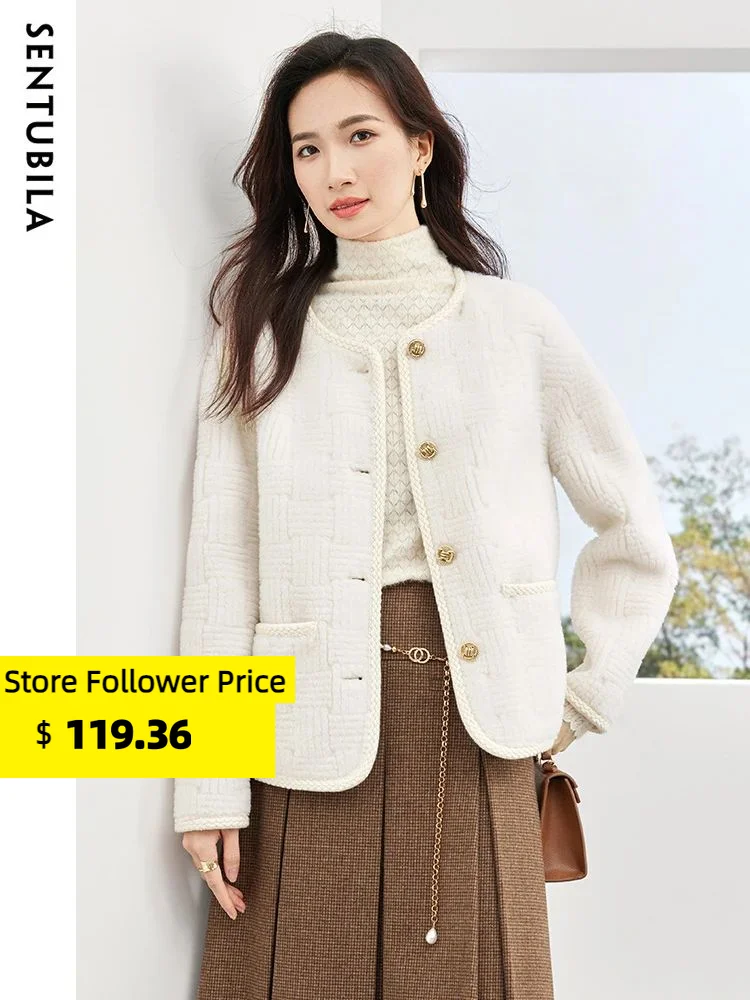 

Sentubila Faux Fur Crop Coat Women 2023 Autumn Winter Fashion O-Neck Short High Quality Warm Short Jacket Office Lady W34P50140
