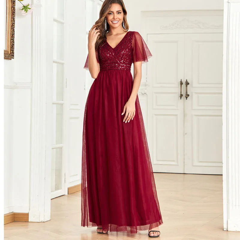 

Dress Women Elegant Luxury A Line Open Back Sequined Corset Mesh Short Sleeves Waist Long Prom Party Event Formal Dress Fashion