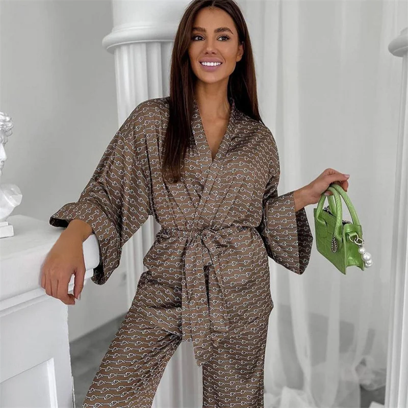 Spring Summer Women's Imitation Silk Pajamas Loose Long Sleeve Cardigan Lace Up Night-robe Pants Sexy Printed Home Clothing Set