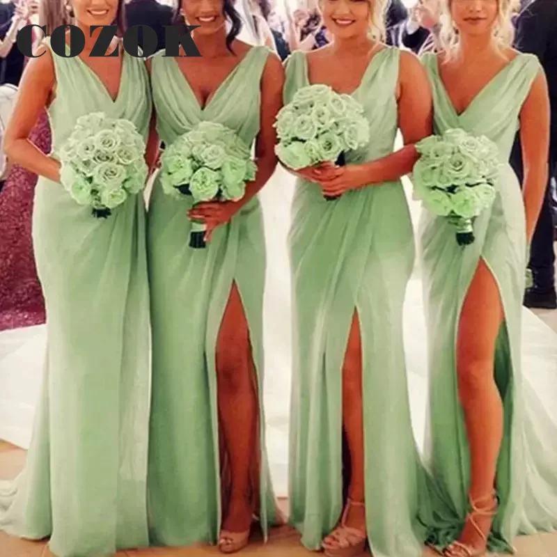 

Light Green Pleat Bridesmaid Dress Chiffon V Neck Side Slit 2023 Floor Long Formal Gowns Vestido Dama De Honor Custom LF49M