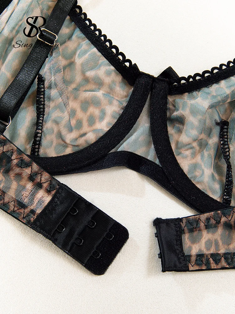 SINGREINY Transparent Mesh Bra Brief Sets Female Strap Sheer Bra+Erotic Thongs Korean Style Leopard Print Sexy Lingerie Sets