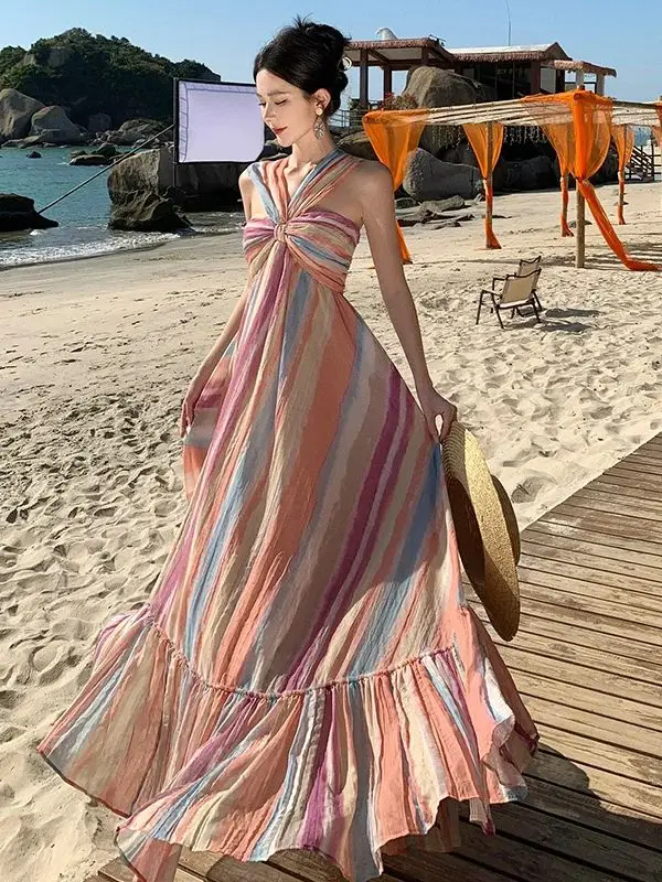 

Star style new summer rainbow striped candy color gradient hanging neck tie dye long dress beach skirt