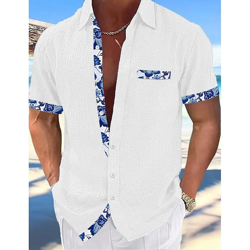 Short-sleeved shirt linen Cool and breathable Comfortable and healthy material Gradient blue Hawaiian beach men's cardigan