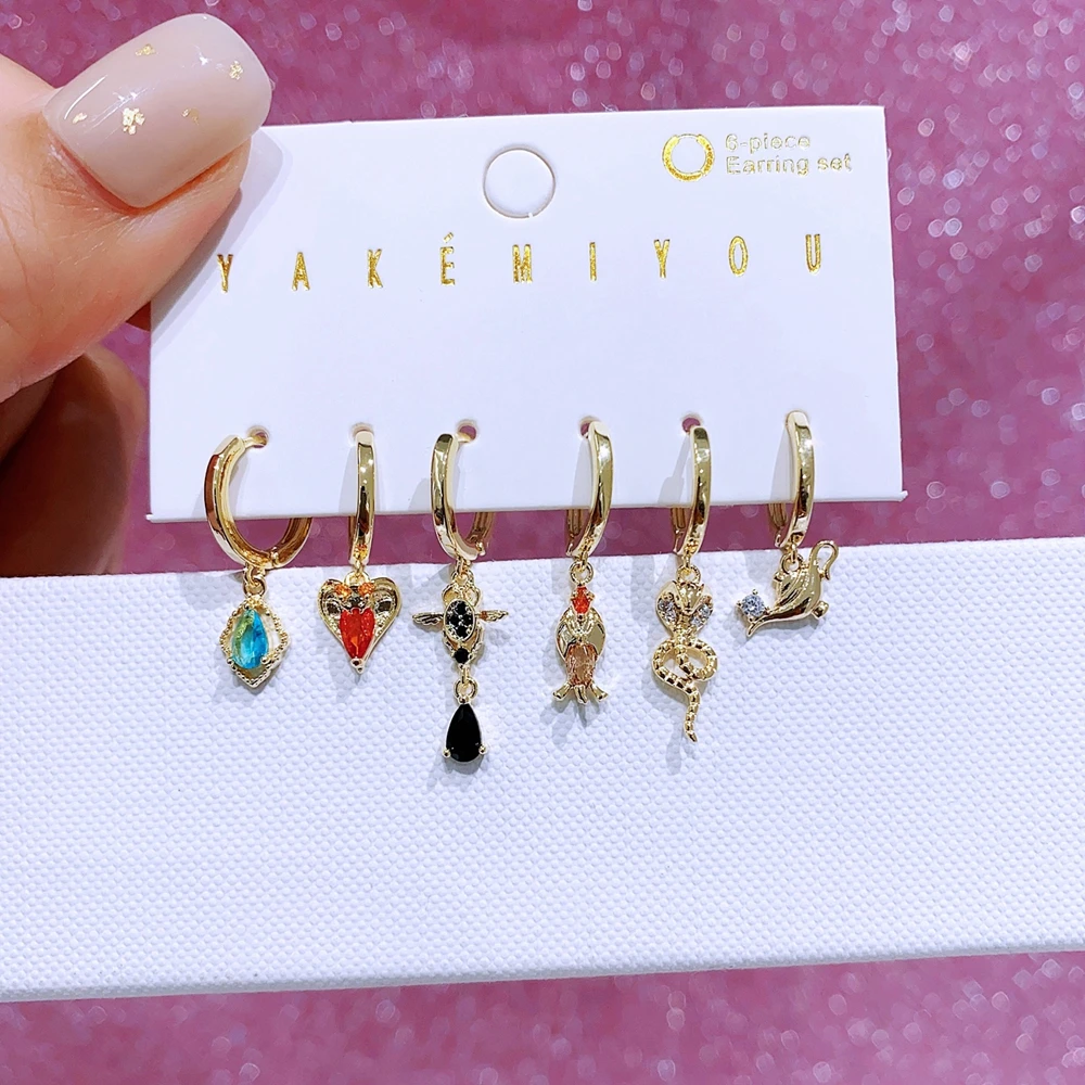 MIGGA 6pcs/set Villain Hoops Huggie Earrings Gold Color Cubic Zircon Women Jewelry 3
