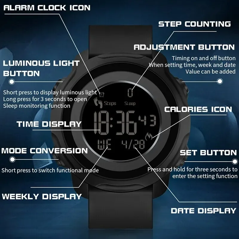 SANDA 6121 LED Countdown Digital Mens Wristwatches Sports Pedometer Calories Waterproof Watch for Men Military Reloj Hombre