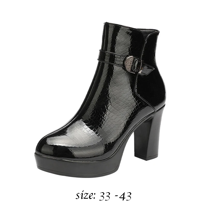 High quality short ankle leather cowhide boots for women 9cm high heel platform 2023 autumn winter 33 42 43 fashion shoe black