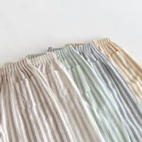 Pantalon Vintage à rayures en coton et lin pour garçons, Design de poche décontracté, taille élastique, vêtements pour petites filles, pantalons pour enfants 5