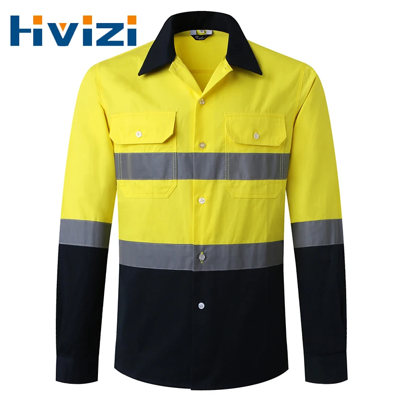 Рубашки Hi Vis Viz, рабочая одежда для безопасного строительства, двухцветные, 100% хлопок, светоотражающие, с длинным рукавом