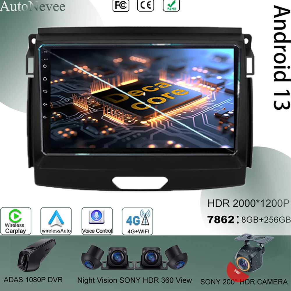 

Car Video Carplay Android 13 For Ford Ranger Everest T6 2016-2020 Auto Radio Stereo QLED Screen GPS Navigation WIFI Multimedia