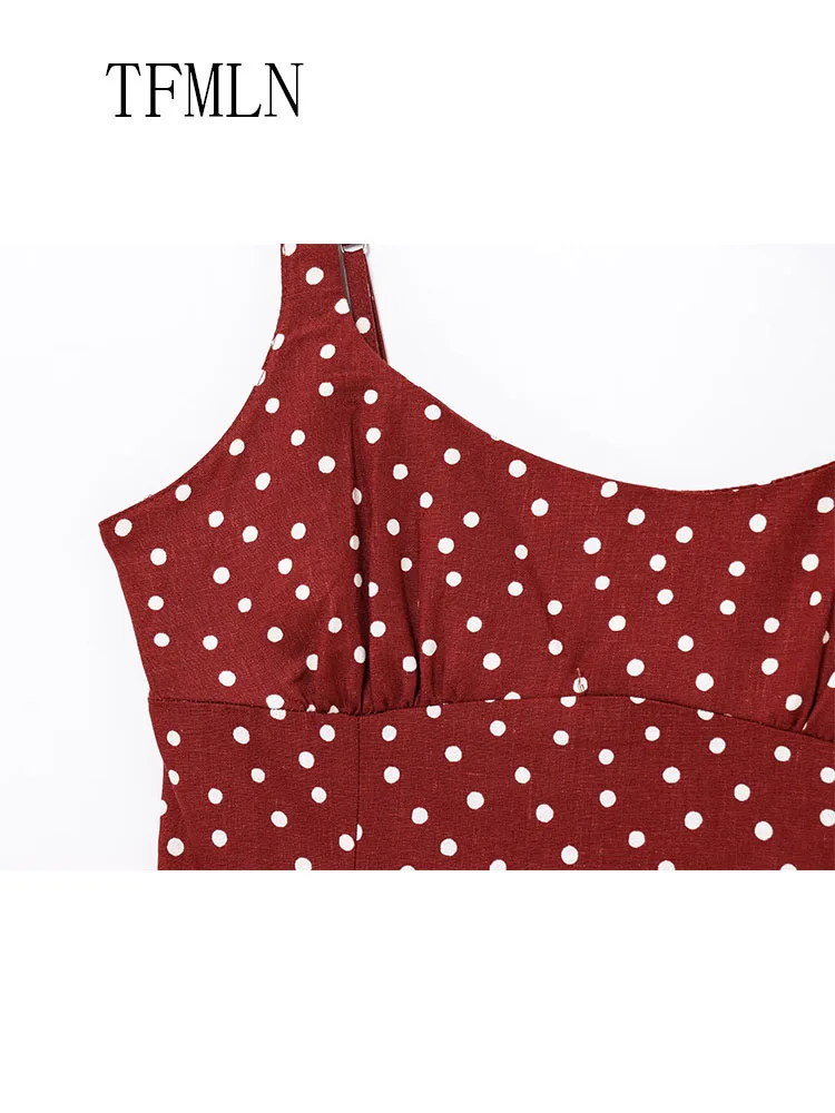 TFMLN Womens Polka Dot Midi Dresses 2025 Summer Elegant Strap Slim Dress Woman Sleeveless Red Long Dress Evening Party Dresses