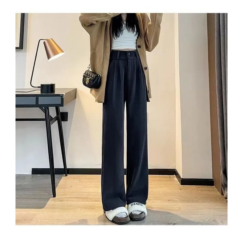 Fleece Wide Leg Pants Women Corduroy Straight Leg Pants Autumn Winter Trouser Streetwear High Waist Loose Korean Chic Clothes