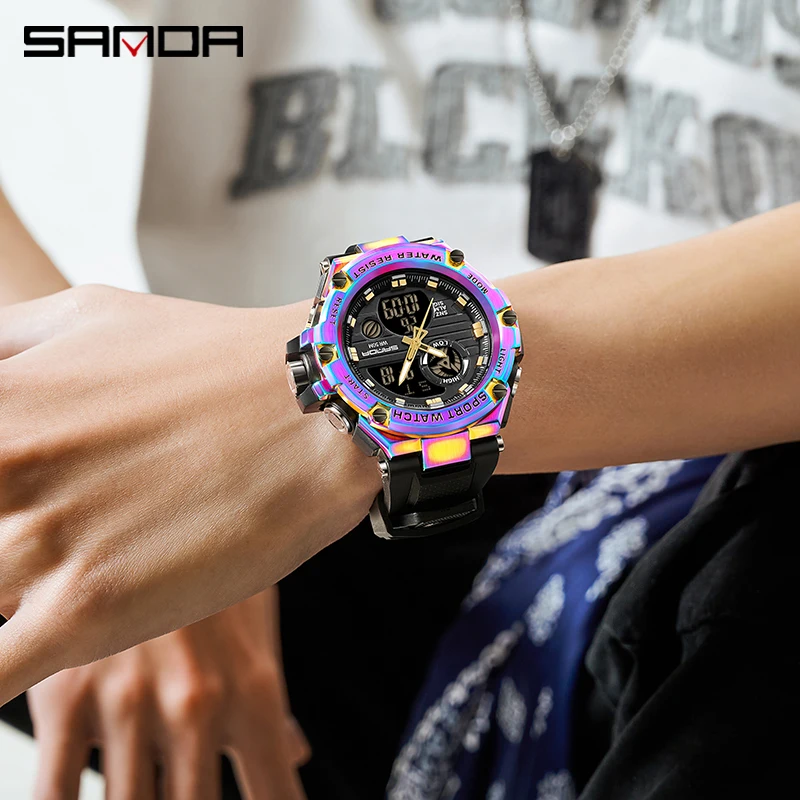 SANDA 3196 New G style Mens Dual Display Electronic Quartz Watches Outdoor Sports 50M Waterproof LED Digital Date Watch 2023