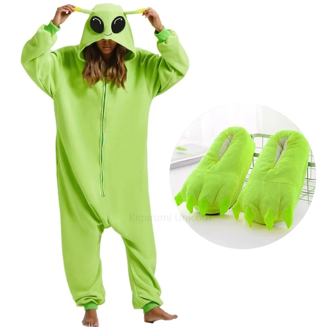 Unisex Alien Onesie Cosplay Pajamas Halloween Costume Winter Adults Kigurumi Unicorn Animal Sleepwear Green Flannel Nightwear