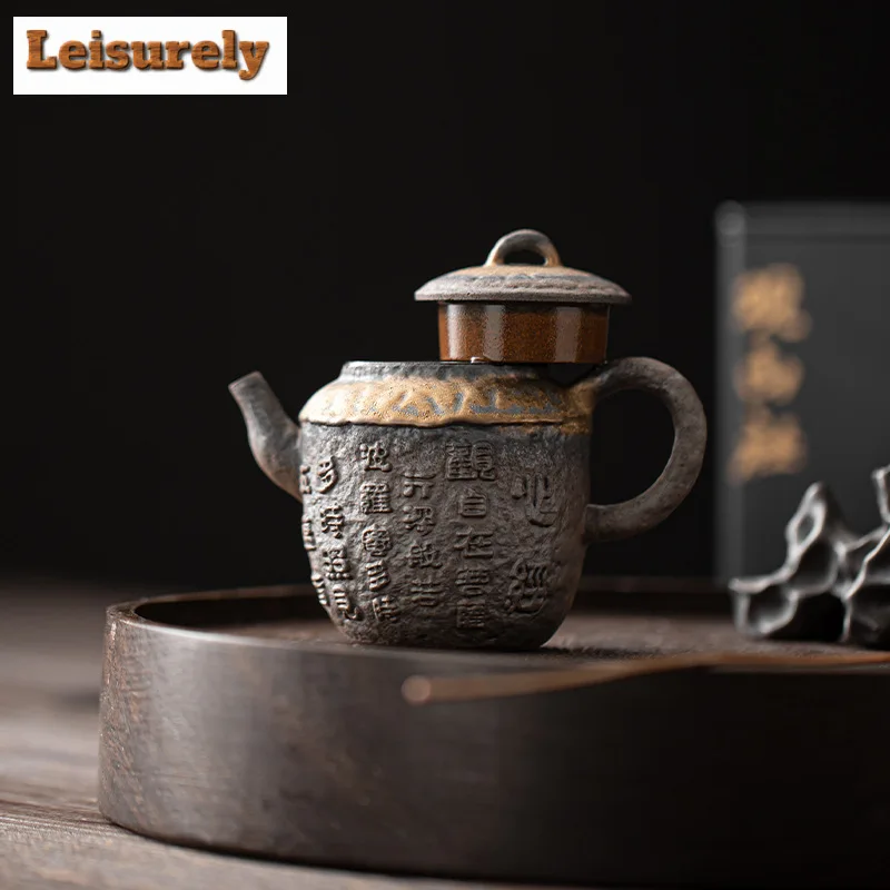 120ml Handmade Heart Sutra Gilded Iron Teapot Glazed Ancient Early Burnt Pot Tea Maker Kettle Kung Fu Tea Services Ornament Gift