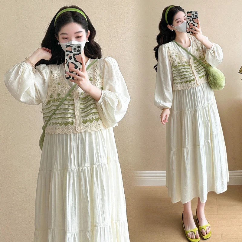 Korean Style Pregnant Woman Dress Suits Fashion Striped Vest Long Sleeve Ball Gown Dress Twinset Plus Size Maternity Clothes Set