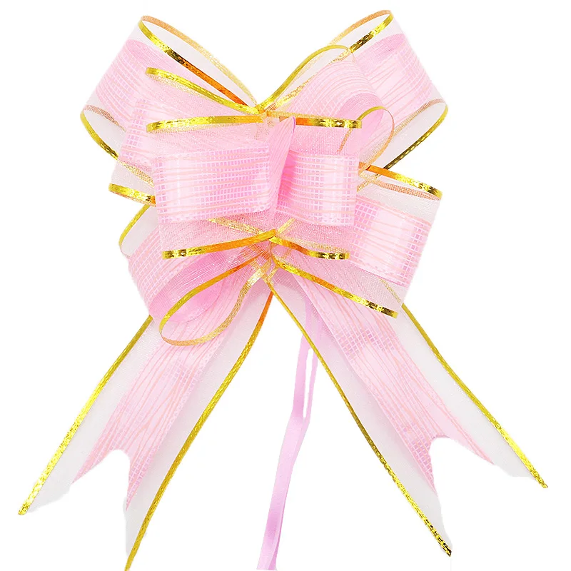 (10pcs/pack)22*26cm Golden Border Mesh ribbon Flower Bow Hand Drawn Flowers Car Decoration Wedding Supplies Festive Packaging