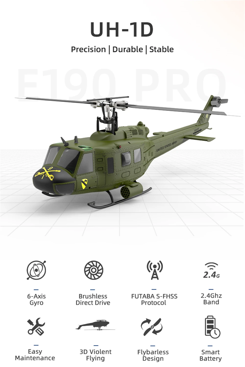 Eachine E190 PRO UH-1 2.4G 6CH 3D6G 1:34 Scale Huey Dual Brushless Motor Flybarless RC Helicopter Compatible with FUTABA S-FHSS