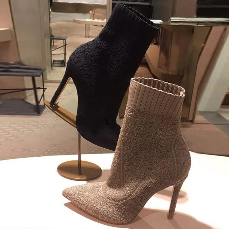 Ins Style Pointy Toe Sock Boots Knitted 