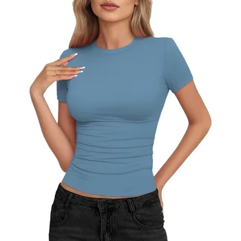 Womens Basic Short Sleeve Crew Neck T Shirt Slim Fit Tees Summer 2025 Y2k Going Out Fitted Top Cute Tight Shirts 1