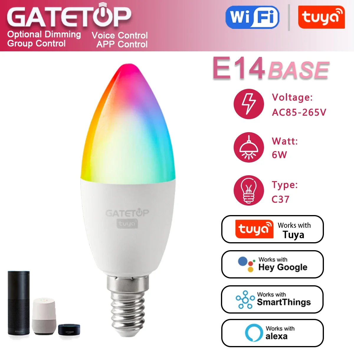 

Tuya Rgb Bulb 6W Smart C37 E14 Light Dimmable Wifi Led Magic Lamp AC 110V 85V-265V Work With Alexa Google Home