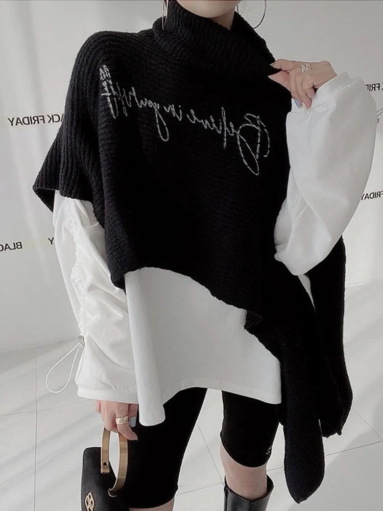 

Turtleneck Sweater Women Split Letter Print Contrast Irregular Pullovers Knitwear Tops 2023 Autumn New Tide beautiful top X342