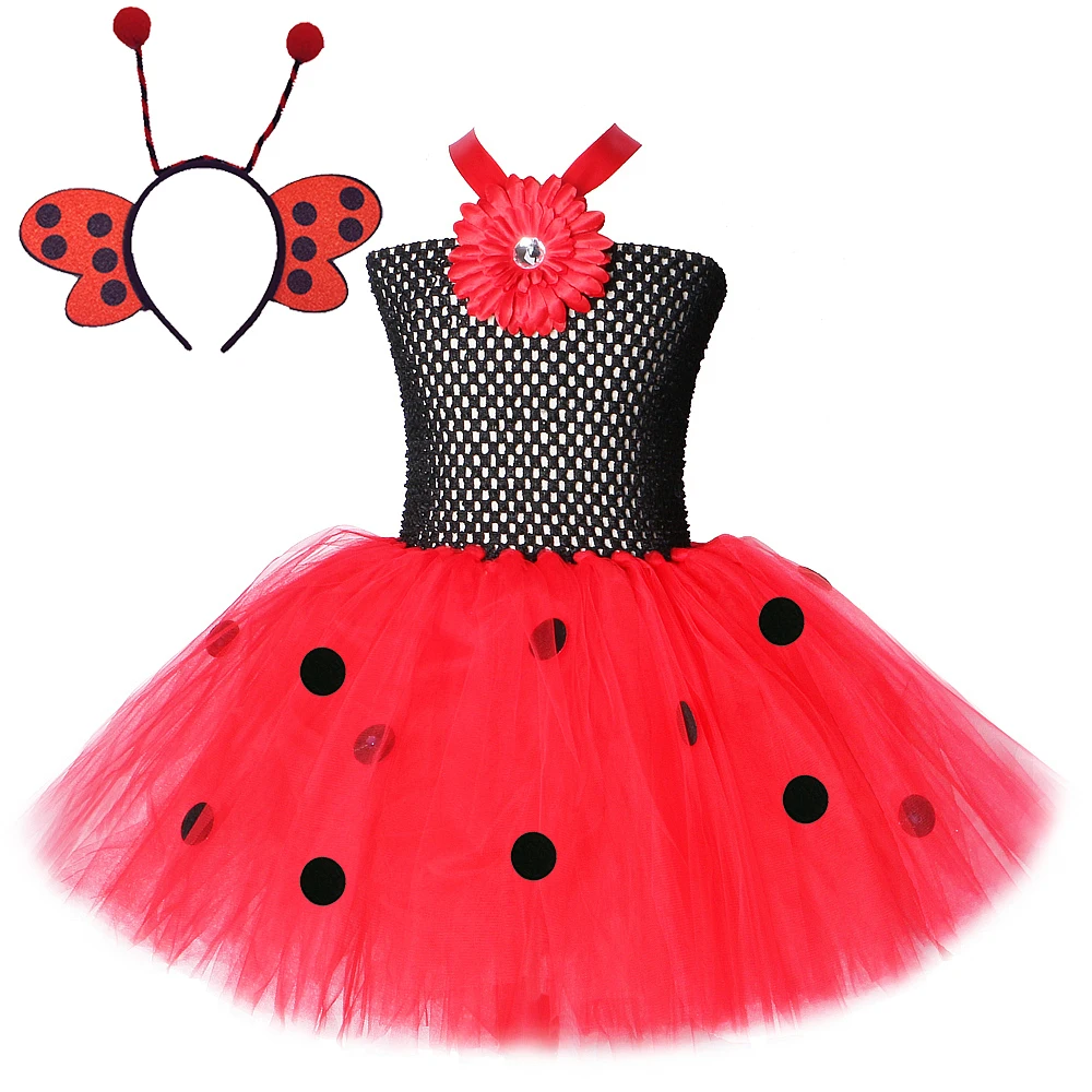 Spots Lady Beetle Fairy Costumes for Girls Halloween Carnival Fancy Tutu Dress with Wings Set Kids Insect Bug Birthday Outfits