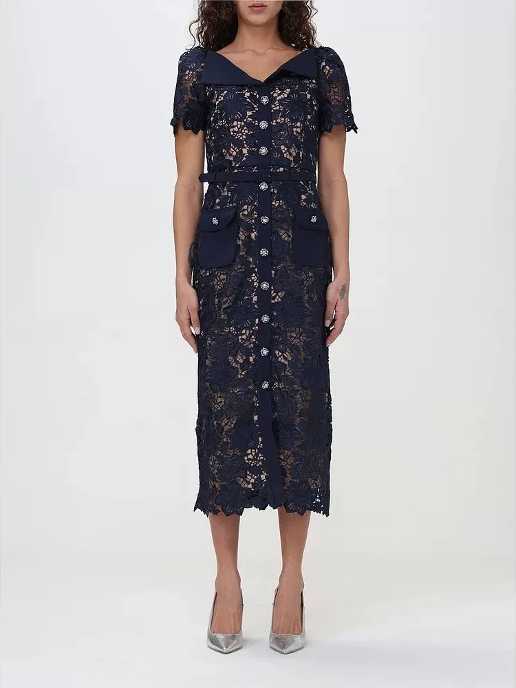 

2024 Lace See Through Slim Navy Midi Dress