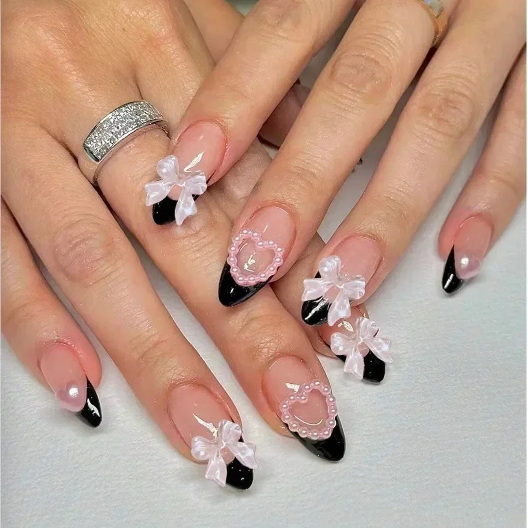24pcs Fake Nails Leopard Print 3D Bow Wearable Stick-on French Almond Press on