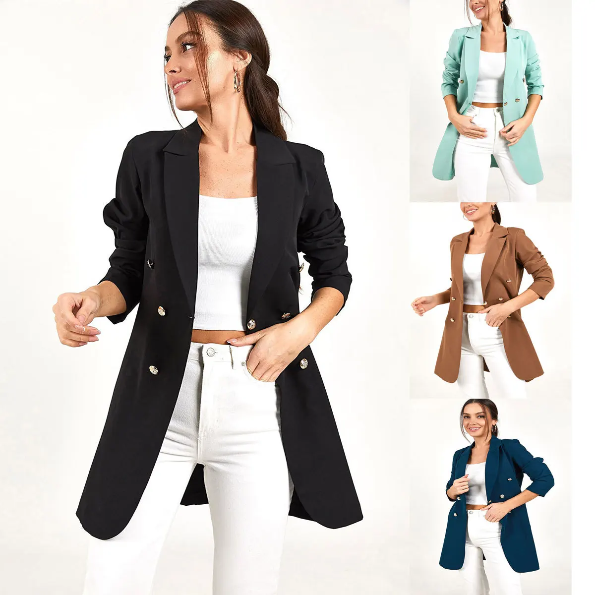 

A casual double-breasted midi blazer in solid color