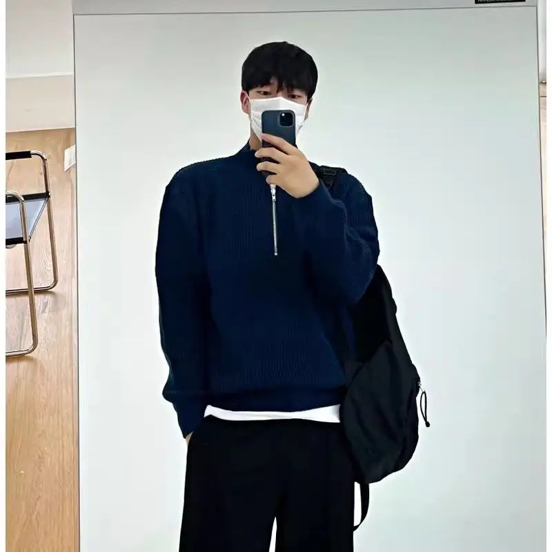 Half Zipper Autumn Winter Coat Men Light Mature Style Korean Style New Sweater Casual Simple Solid Color Long-sleeved Coat 4