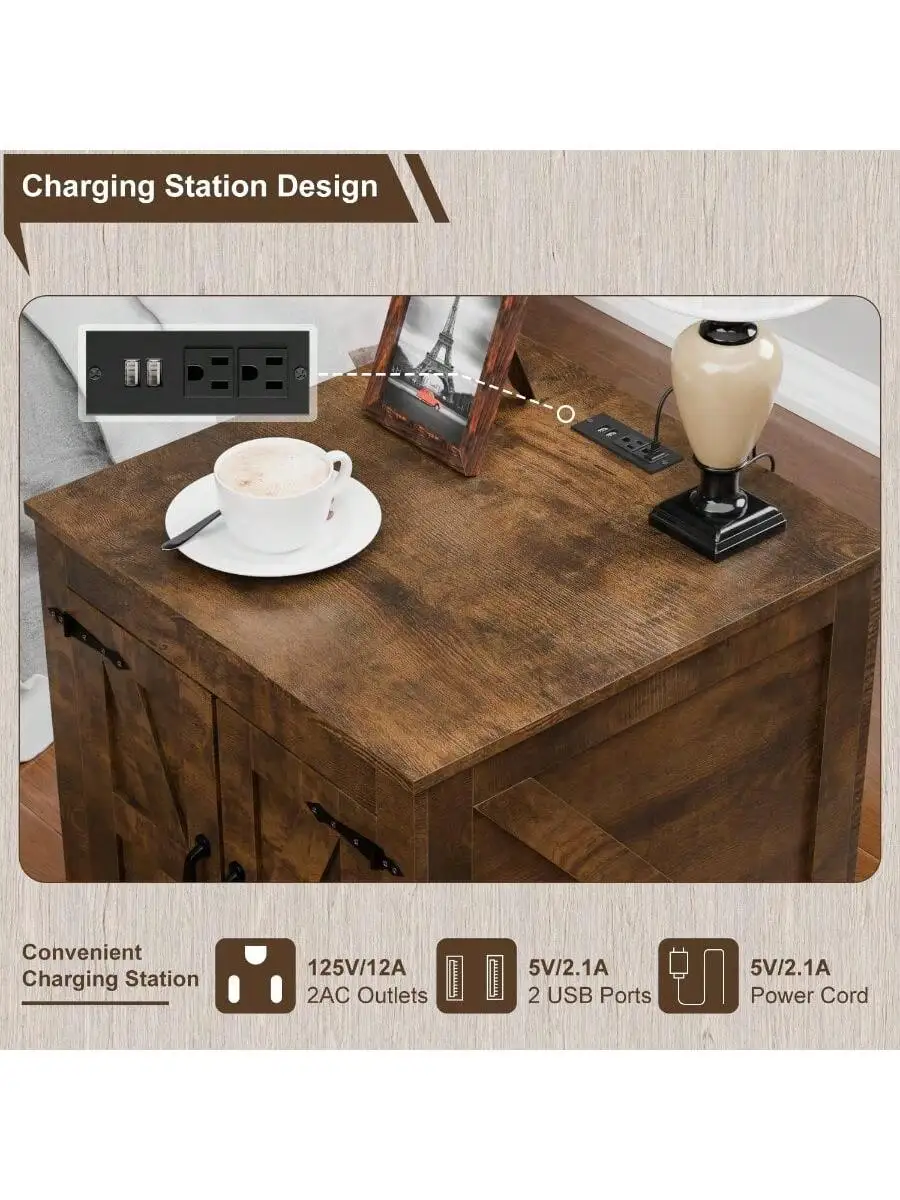 Farmhouse End Table Sofa Side Table with Charging Station 24" Large Wood Square Nightstand with Doors Modern Storage Cab 5