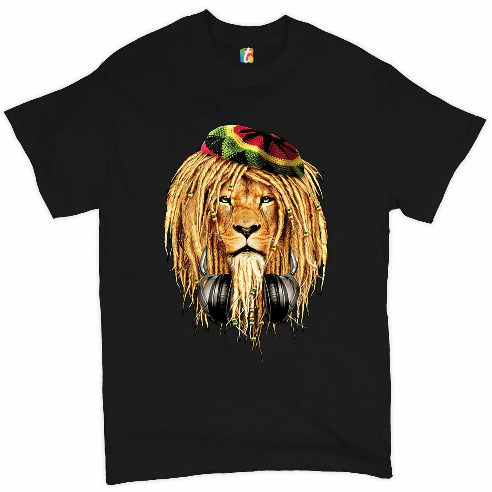 

Royal Lion with Headphones Jamaican Reggae Music Lovers T-Shirt 100% Cotton O-Neck Short Sleeve Casual Mens T-shirt Size S-3XL