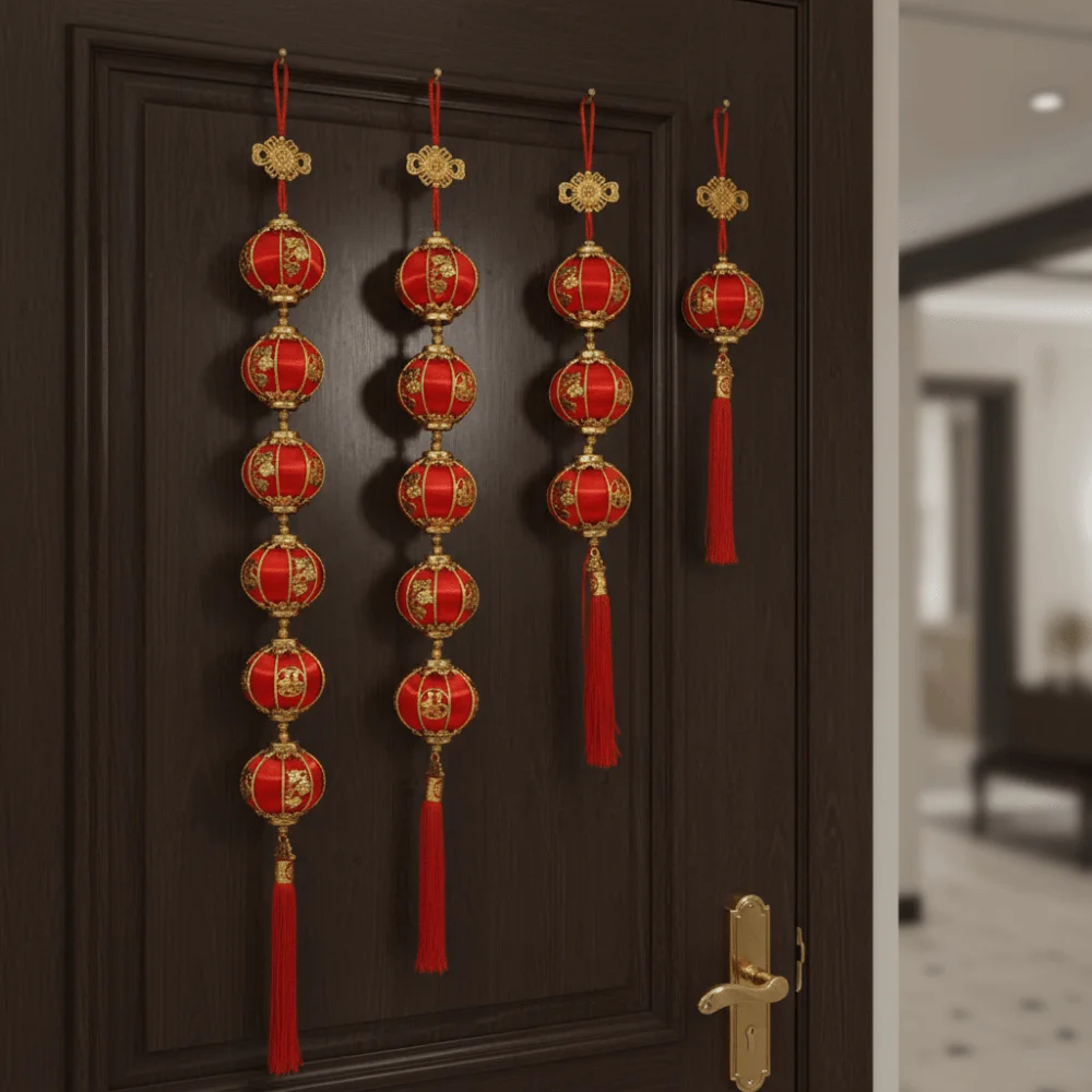 Chinese Style New Year Lantern String Traditional Handmade Red Ball Lantern String with Tassels Fu Character