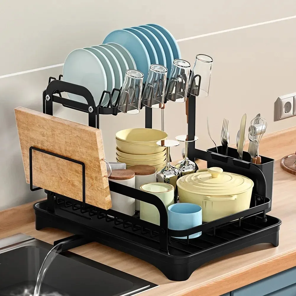 2 Tier Dish Drainer Rack Kitchen Drain Basket Countertop Dinnerware Organizer